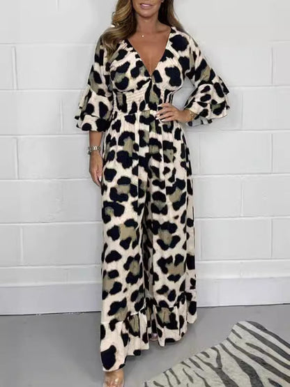 Leopardmønstret V-hals jumpsuit