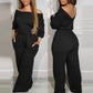 Av skulder jumpsuit med V-rygg og elastisk midje